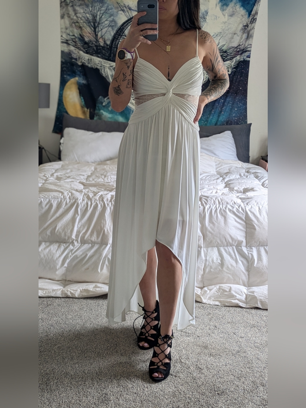 Max & Cleo Ivory Spaghetti-Strap Maxi Dress with Lace Waistband